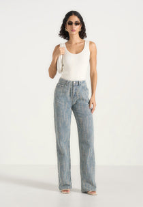 Posie - Distressed High Rise Straight Leg Jeans - Mid Blue