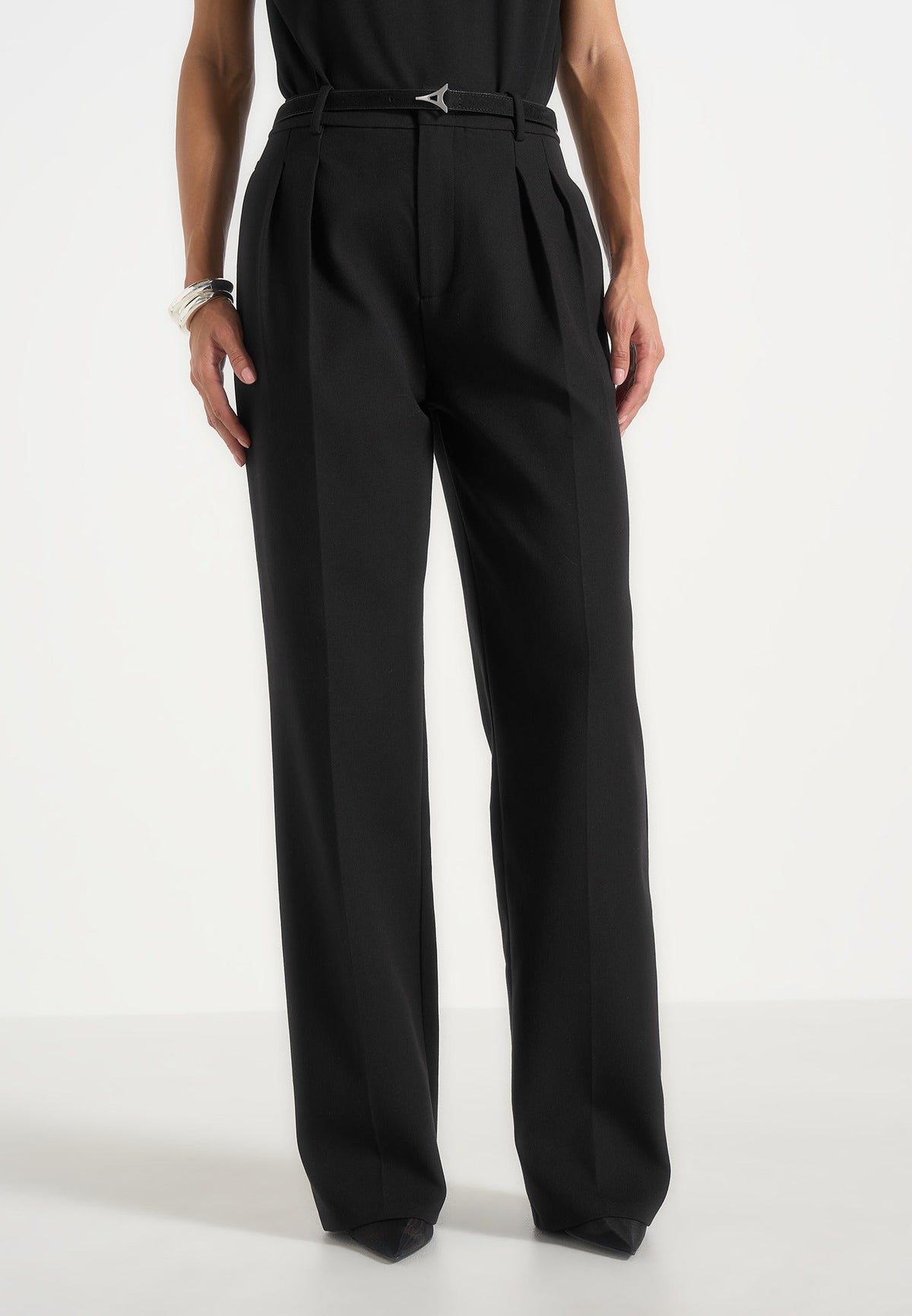 Julie - Tailored Twin Pleat Wool-Blend Pants - Black