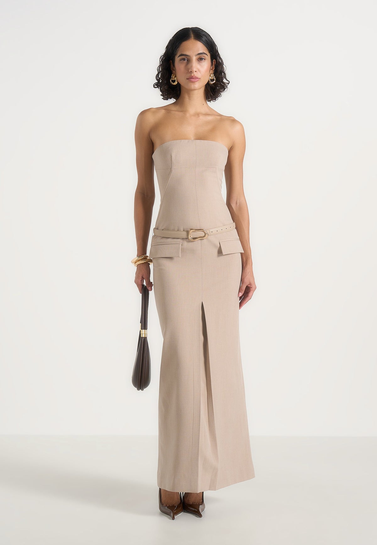 Tabitha - Tailored Bandeau Belted Maxi Dress - Beige