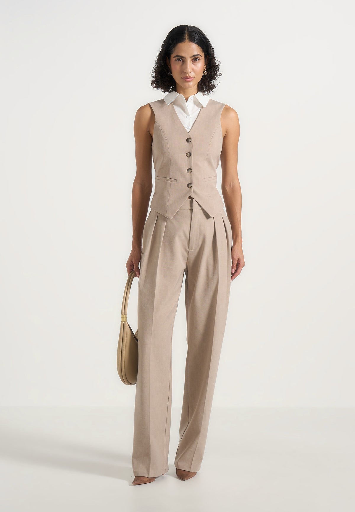 Irene - Collar Detail Cinched Waistcoat - Beige/White