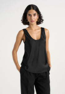 Sasha - Satin Scoop Neck Open Back Tank Top - Black