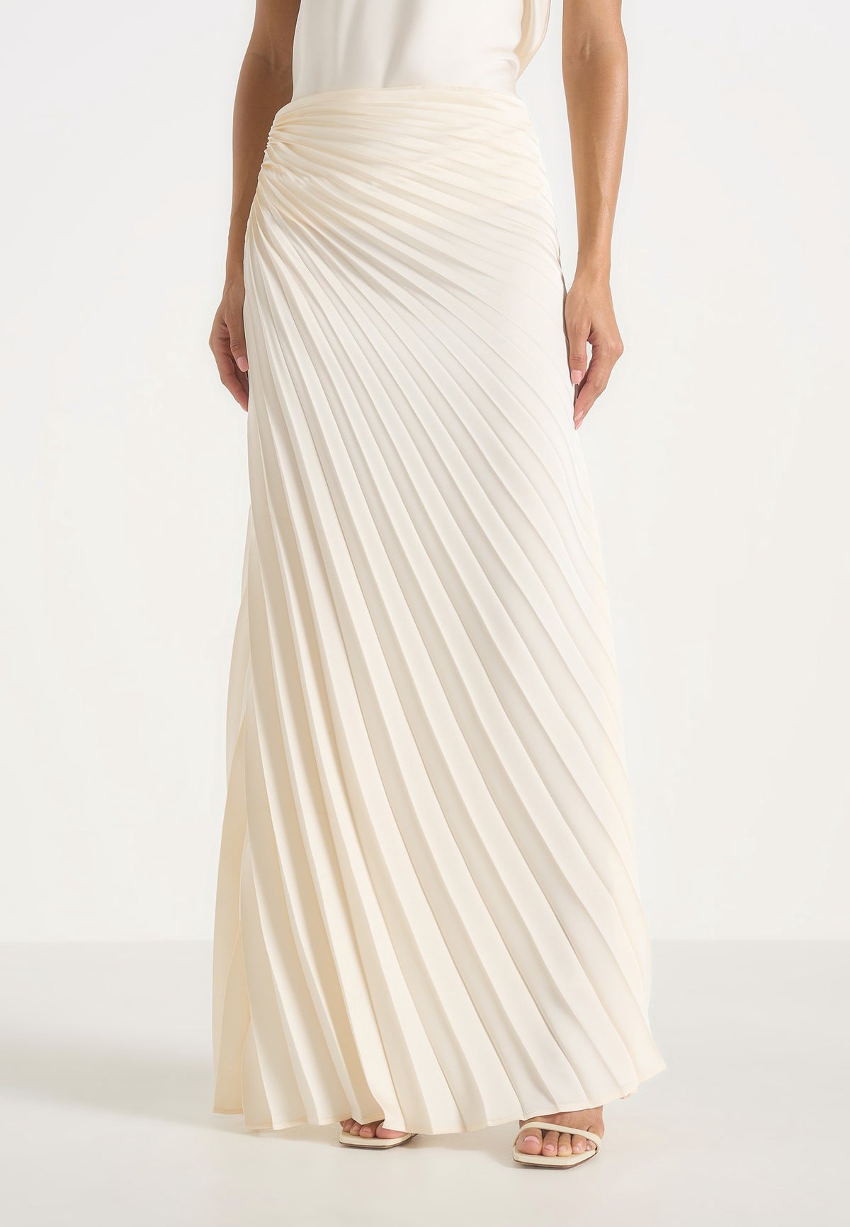 Fiona - Satin Fan Pleat Maxi Skirt - Ivory