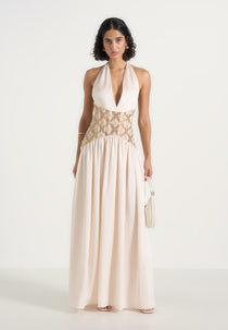 Ava - Halter Embellished Corset Gathered Maxi Dress - Cream