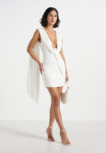 mirelle-ruched-open-back-mini-dress-with-scarf-white