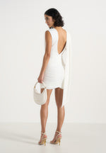 mirelle-ruched-open-back-mini-dress-with-scarf-white