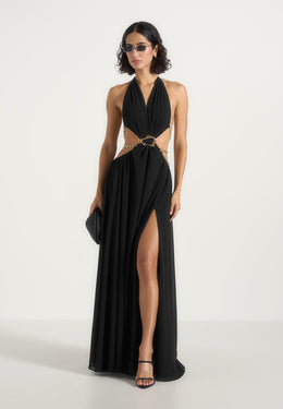june-chain-belt-cut-out-georgette-halter-maxi-dress-black