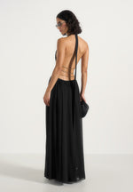 june-chain-belt-cut-out-georgette-halter-maxi-dress-black