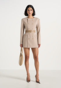 Sierra - Double Breasted Belted Blazer Dress - Beige