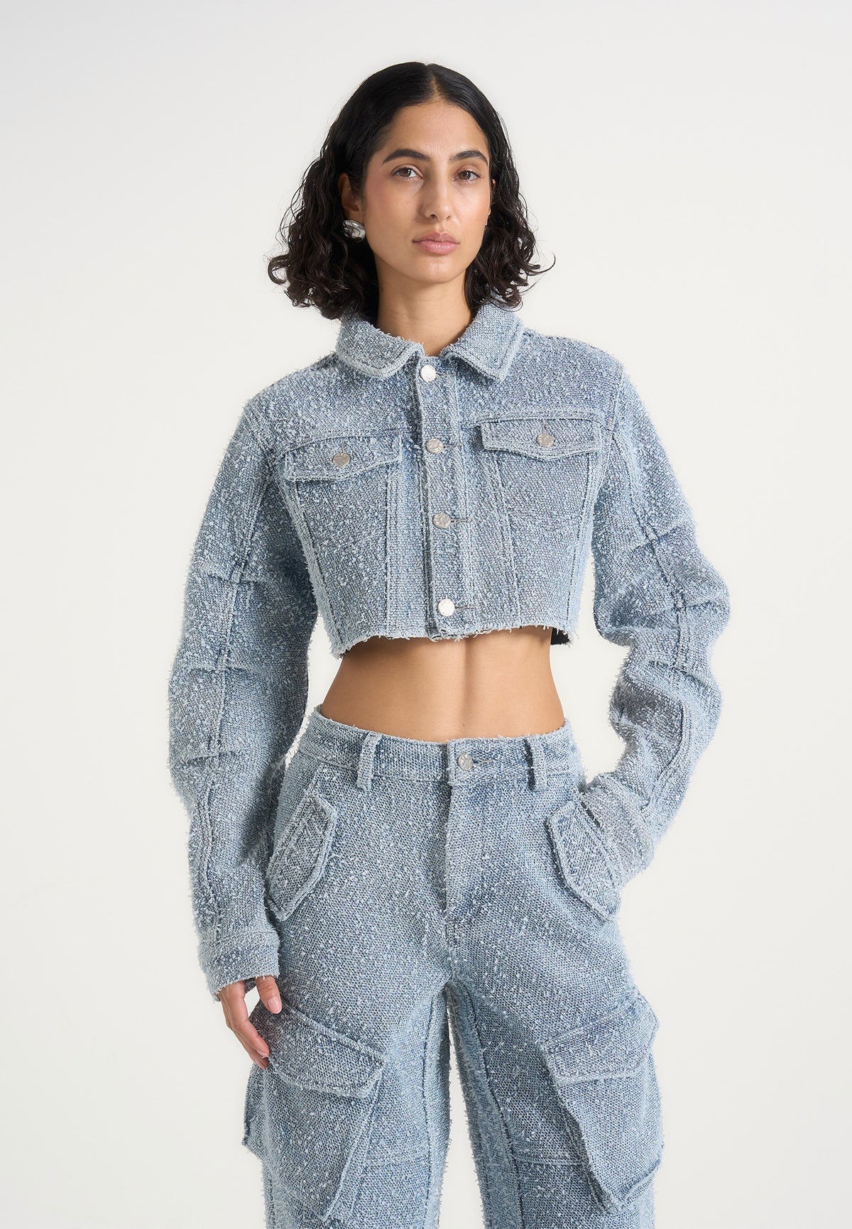Catherine - Cropped Boucle Denim Jacket - Mid Blue