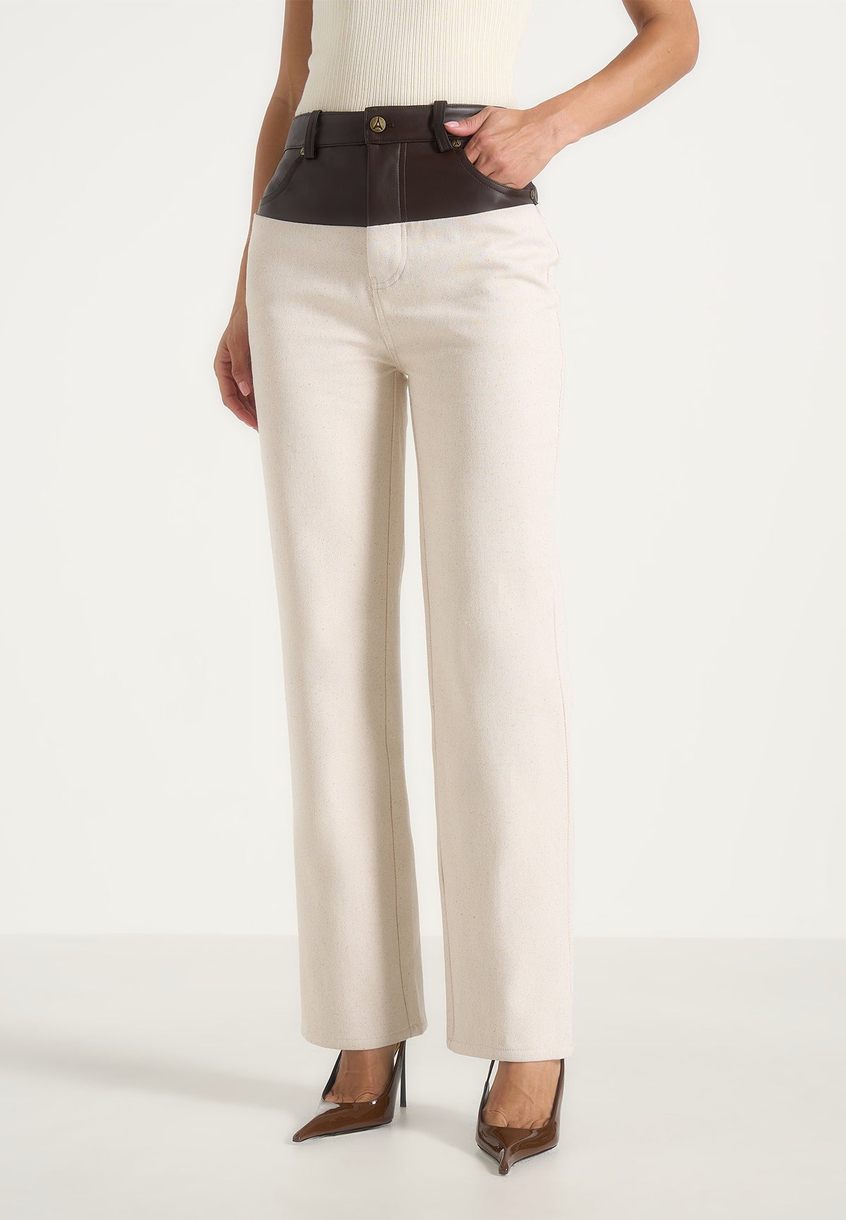 Renee - Denim & Leather Straight Leg Jeans - Cream/Brown