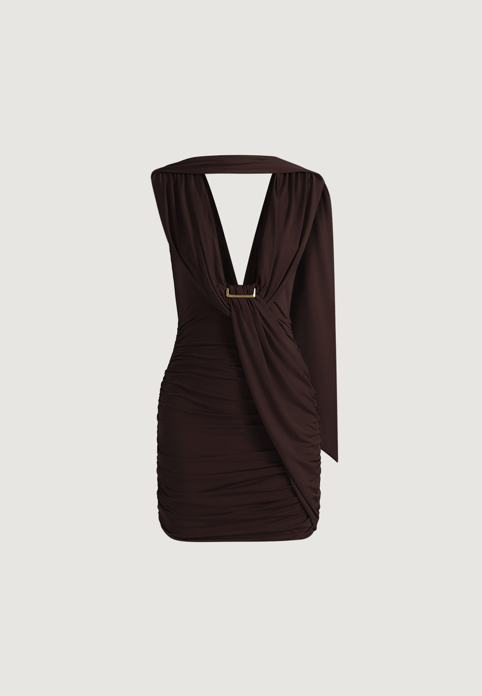mirelle-ruched-open-back-mini-dress-with-scarf-brown