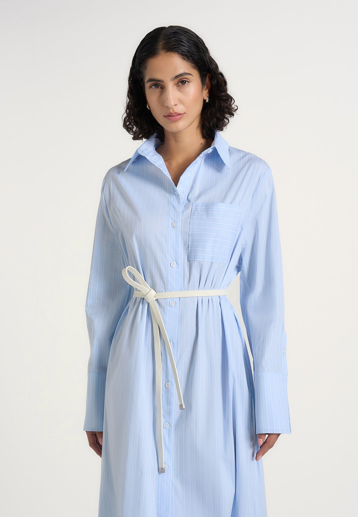Isa - Belted Pinstripe Cotton Midi Shirt Dress - Pale Blue