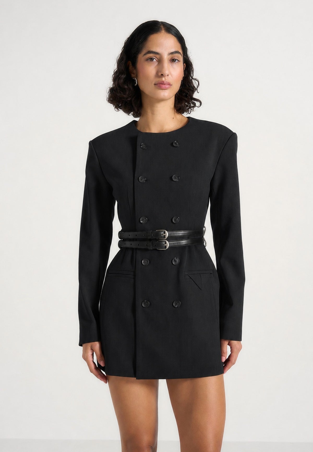 Sierra - Double Breasted Belted Wool-Blend Blazer Dress - Black
