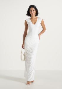 Bridget - V Neck Asym Ruched Maxi Dress - White