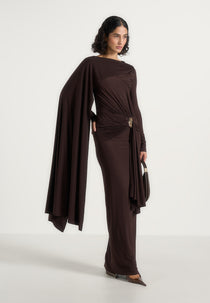 Edena - Asymmetric Ruched Draped Maxi Dress - Brown