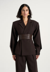 Marie - Twist Sleeve Tailored Blazer with Belt - Brown