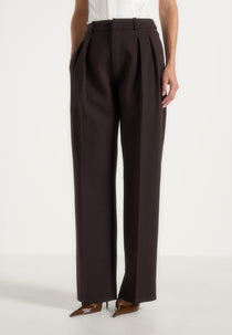 Julie - Tailored Twin Pleat Wool-Blend Pants - Dark Brown