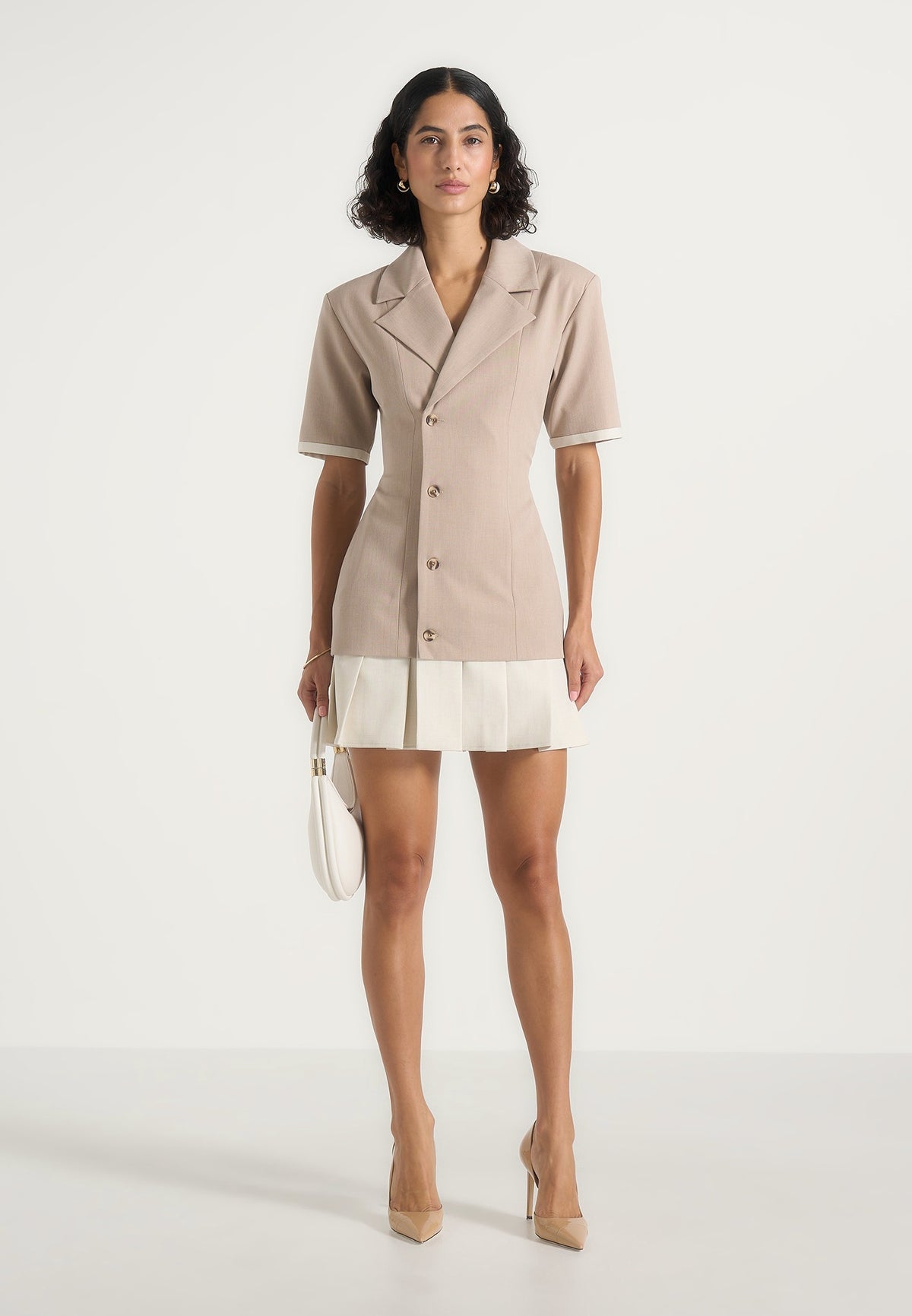 baya-tailored-cinch-waist-pleated-blazer-dress-beige