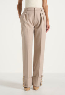 Darlene - Turn Up Detail Tailored Twin Pleat Pants - Beige