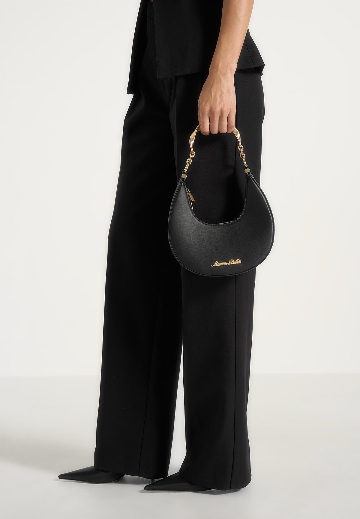 Sadie - Sculpted Leather Crescent Bag - Black