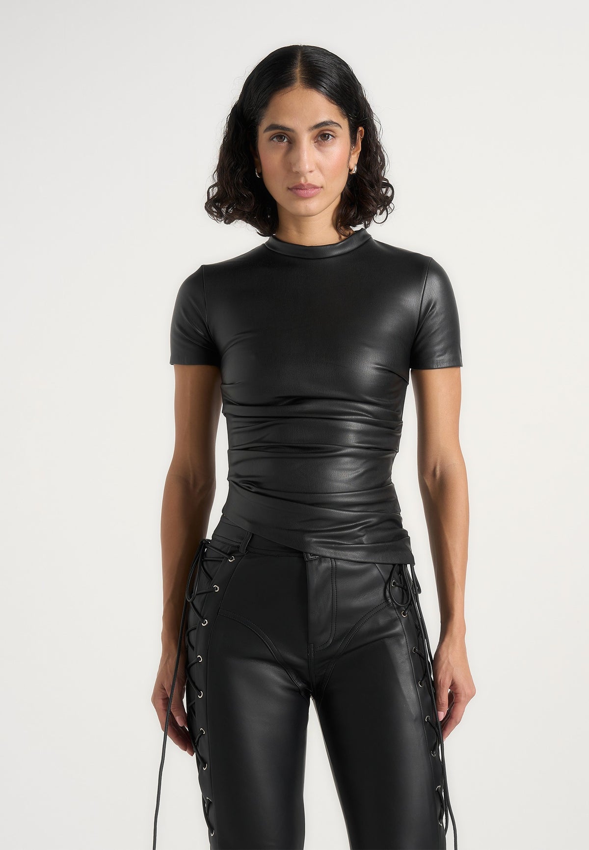 Leather Ruched T-Shirt - Black