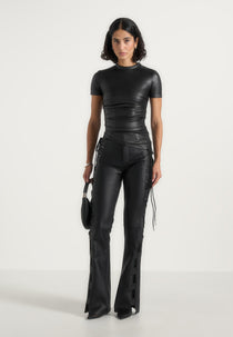 Leather Ruched T-Shirt - Black