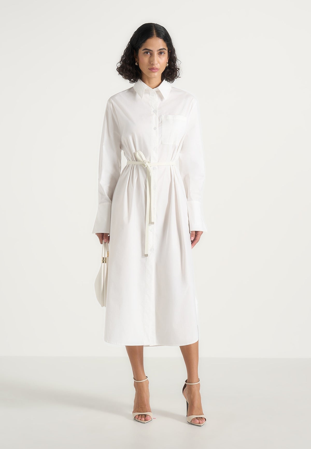 Isa - Belted Cotton Midi Shirt Dress - White