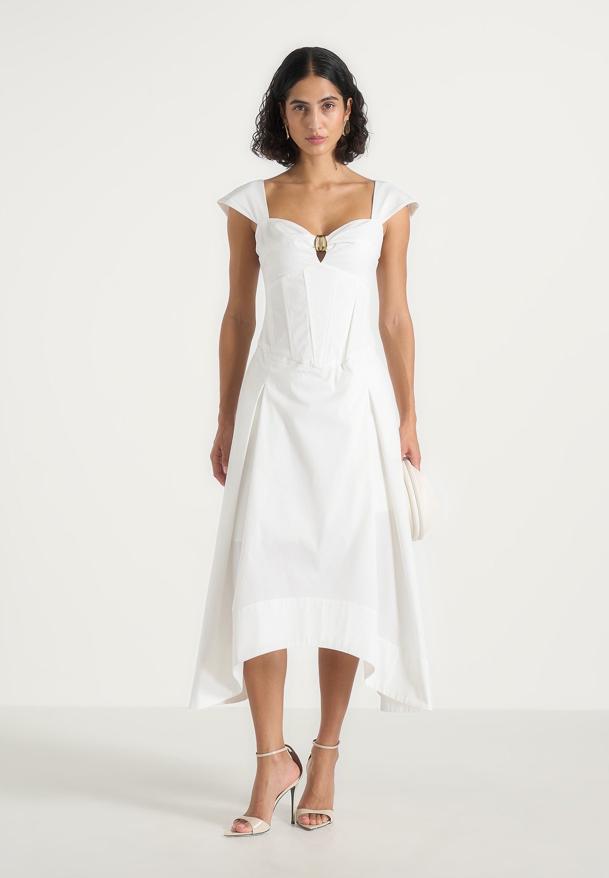 Faith - Cap Sleeve Corset Cotton Midi Dress - White