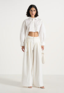 Flora - Box Pleat Wide Leg Belted Pants - White