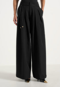 Flora - Box Pleat Wide Leg Belted Pants - Black