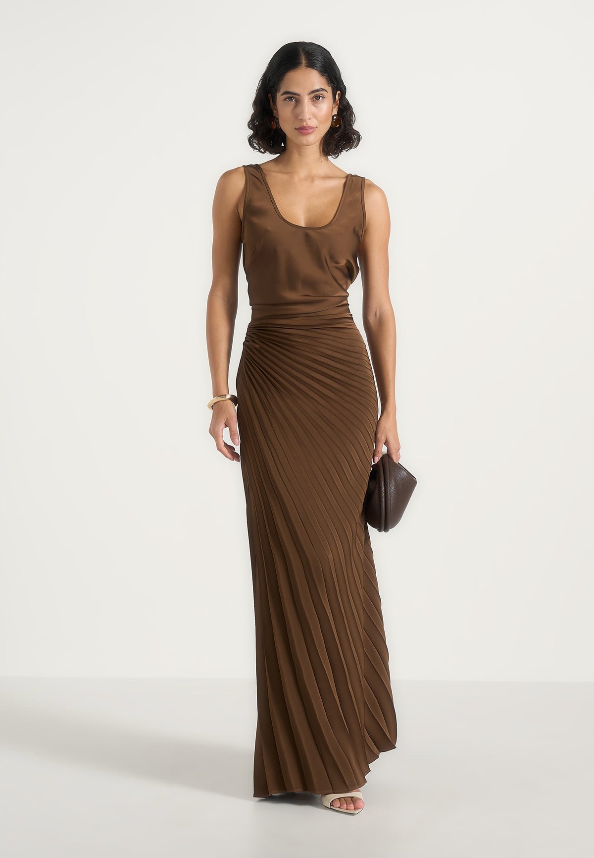 Fiona - Satin Fan Pleat Maxi Skirt - Brown