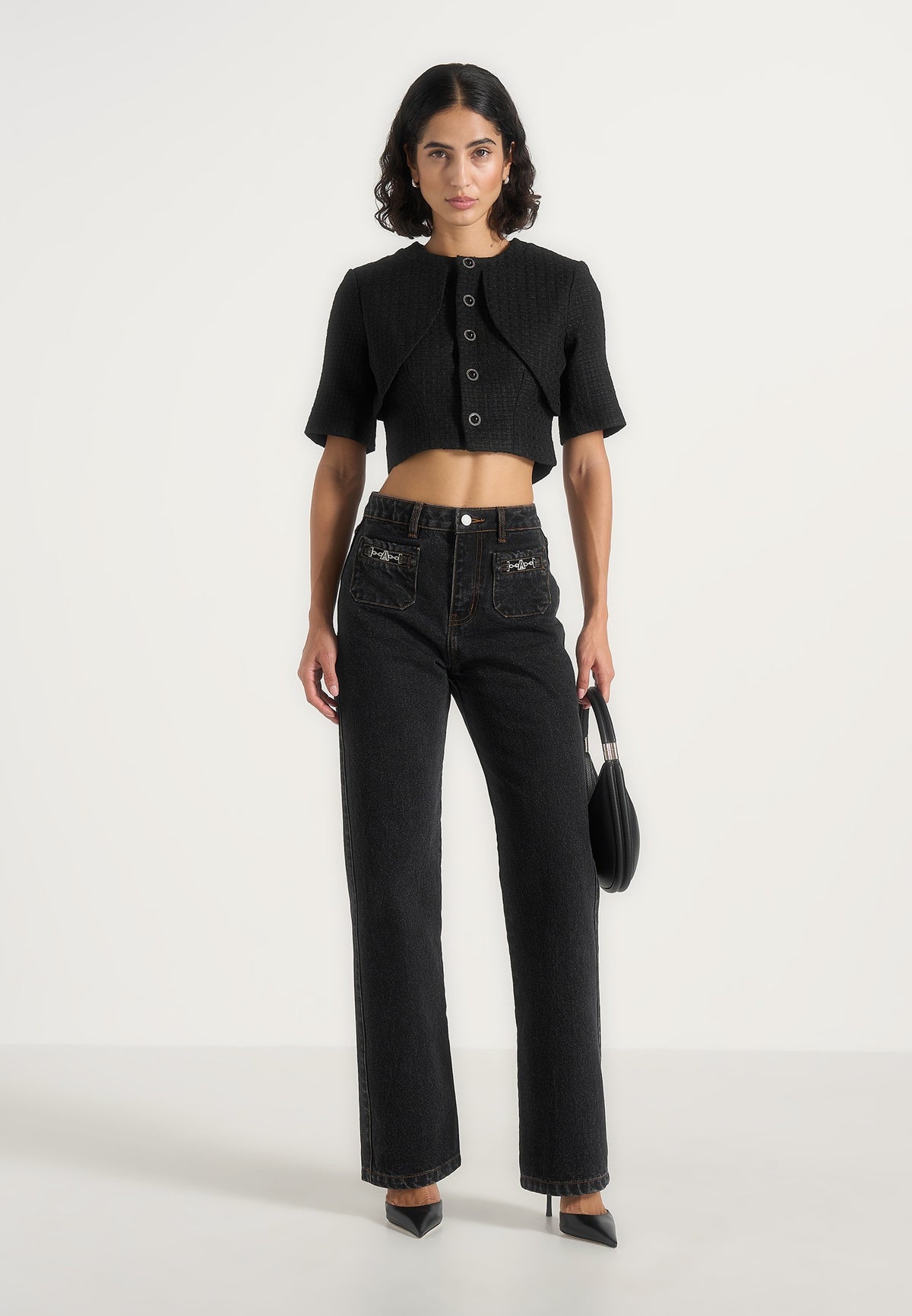 Frida - Eiffel Detail Straight Leg Denim Jeans - Washed Black