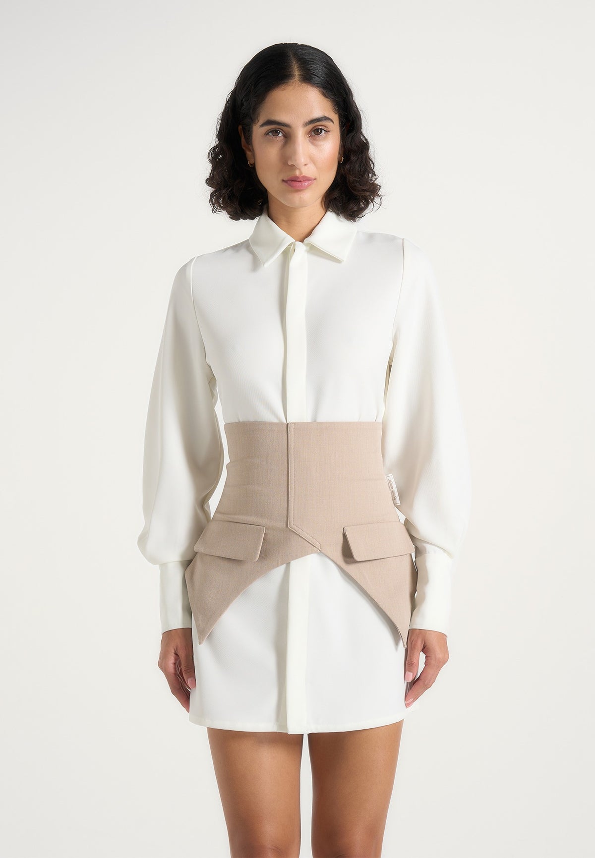 Keira - Corset Overlay Shirt Mini Dress - White/Taupe