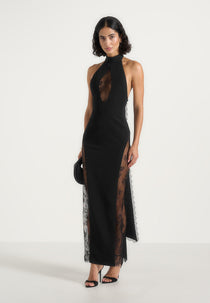 Jessica - Contour Lace Halter Drape Neck Maxi Dress - Black