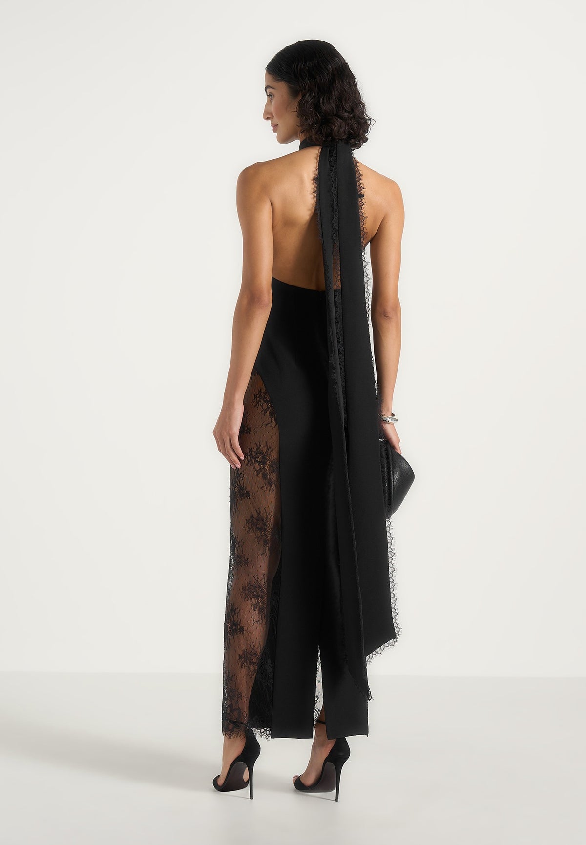 Jessica - Contour Lace Halter Drape Neck Maxi Dress - Black
