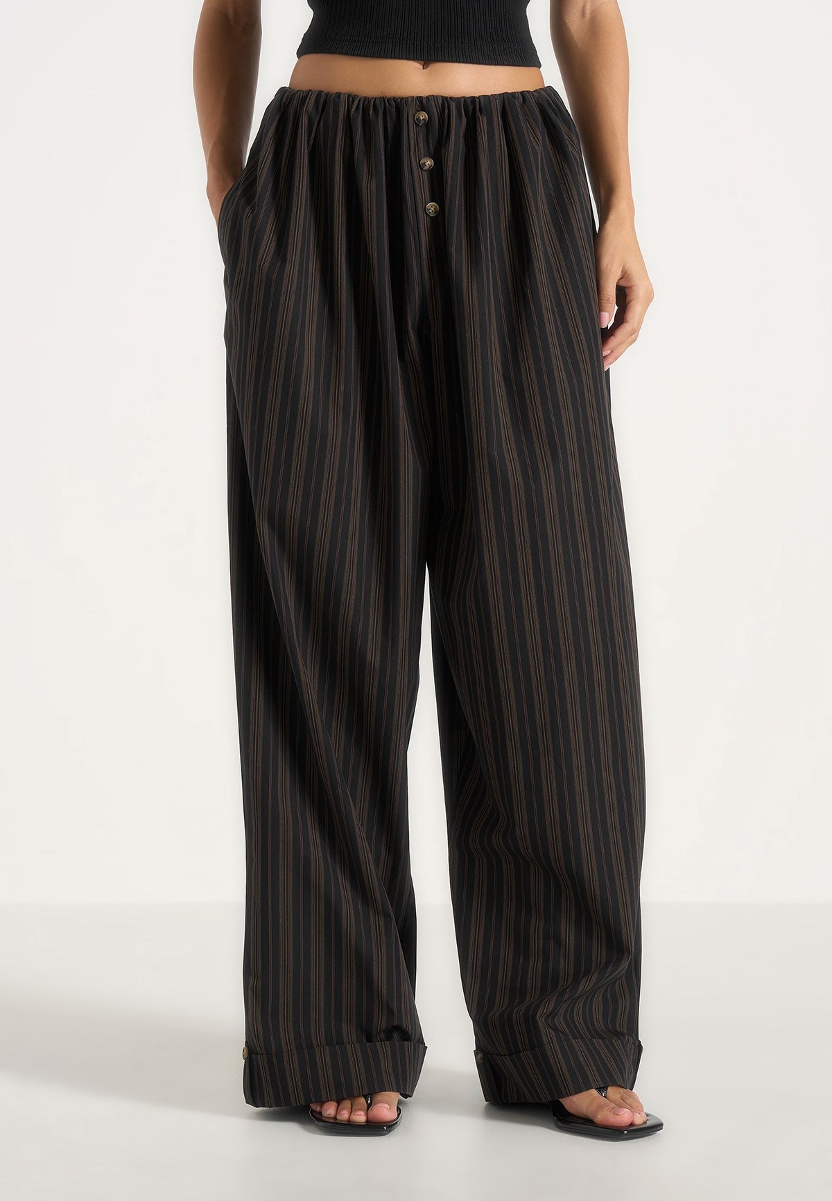 Ivanna - Elasticated Wide Leg Striped Cotton Pants - Black/Brown