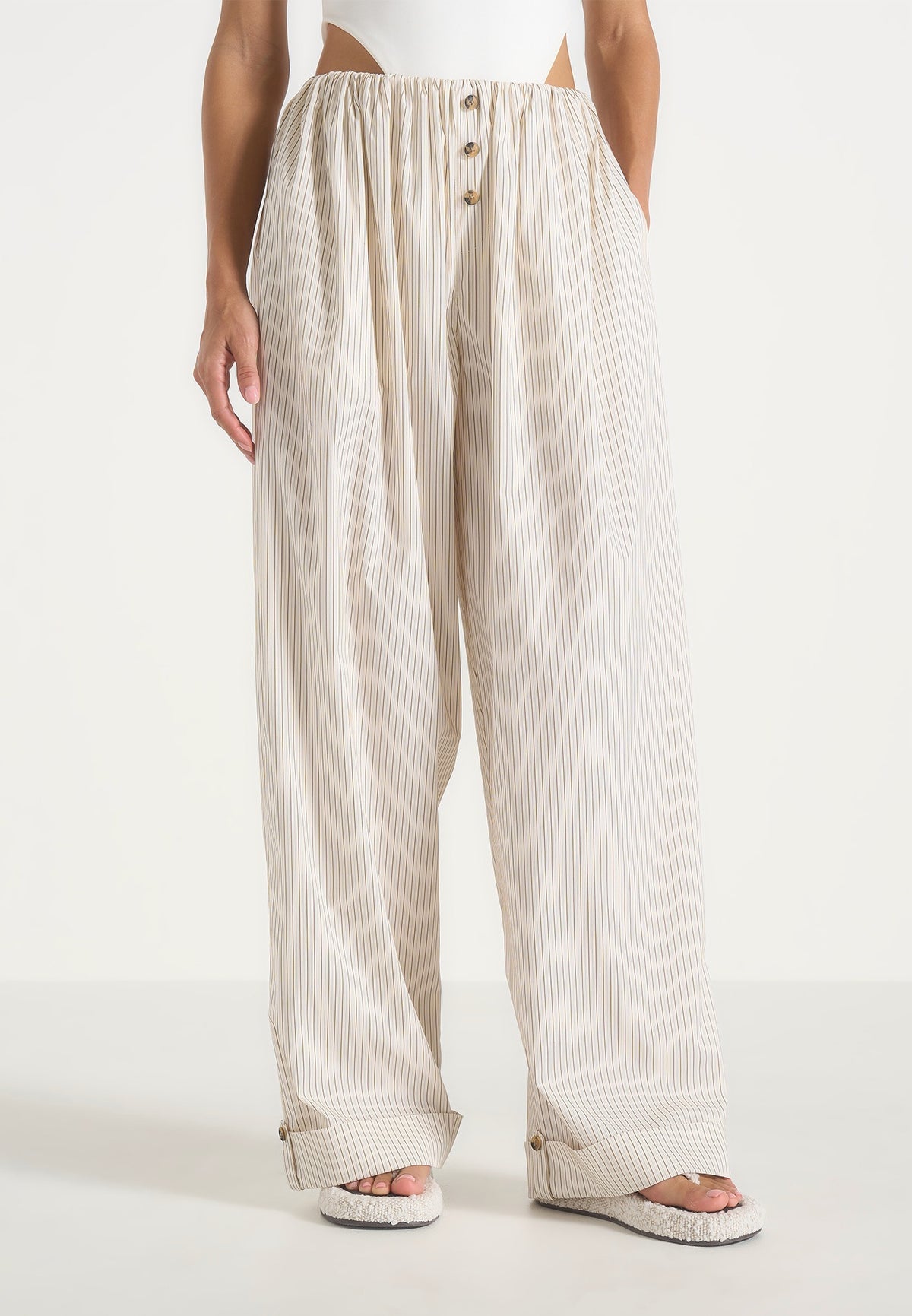 Ivanna - Elasticated Wide Leg Striped Cotton Pants - Cream