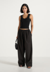 Ivanna - Elasticated Wide Leg Striped Cotton Pants - Black/Brown
