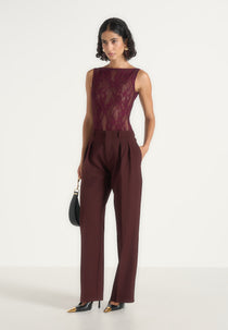 Rhonda - Open-Back Lace Bodysuit - Wine