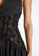 Ava - Halter Embellished Corset Gathered Maxi Dress - Black