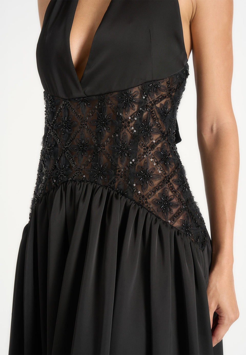 Ava - Halter Embellished Corset Gathered Maxi Dress - Black