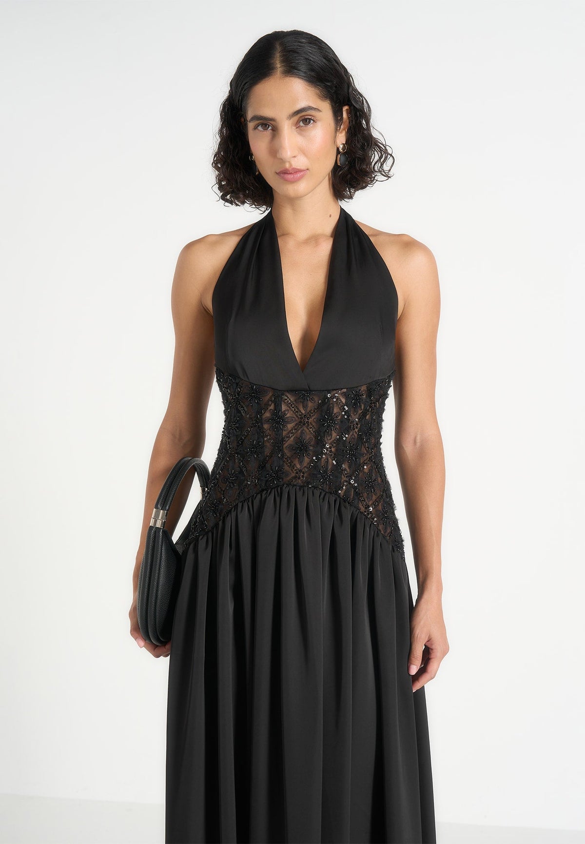 Ava - Halter Embellished Corset Gathered Maxi Dress - Black