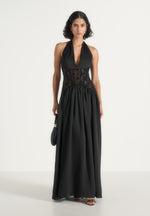 Ava - Halter Embellished Corset Gathered Maxi Dress - Black