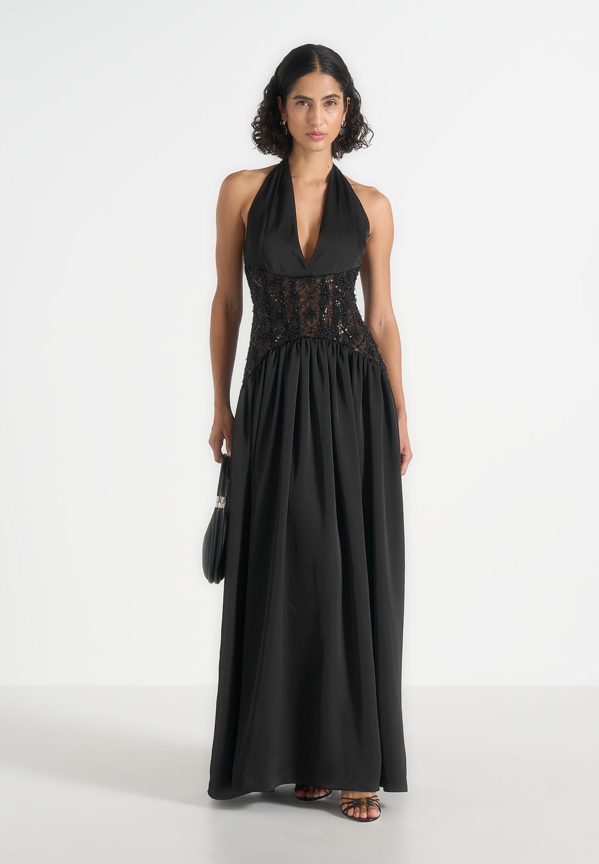 Ava - Halter Embellished Corset Gathered Maxi Dress - Black