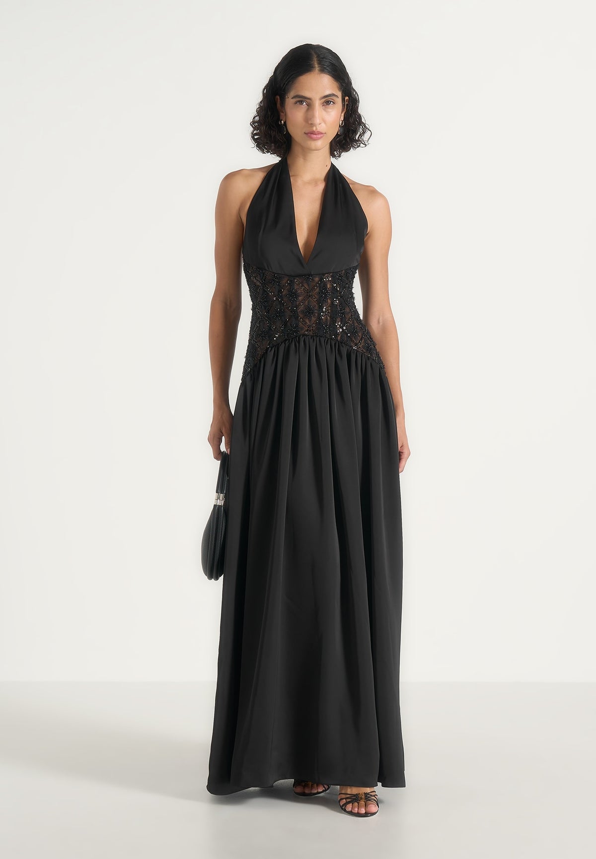 Ava - Halter Embellished Corset Gathered Maxi Dress - Black