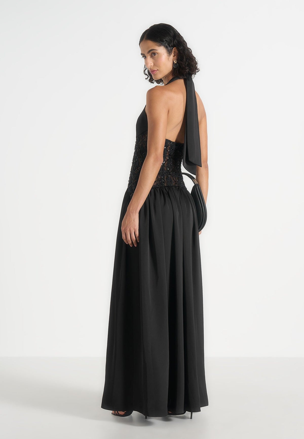 Ava - Halter Embellished Corset Gathered Maxi Dress - Black