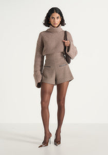 Tanya - High-Waisted Wool Shorts - Taupe