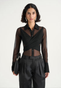 Canelle - Sheer Crossover Shirt Bodysuit - Black