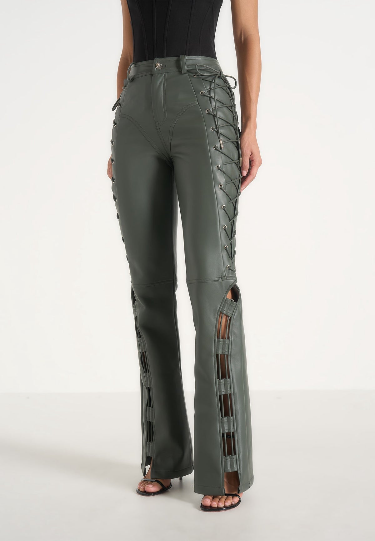Ambre - Leather Lace Up Flared Pants - Olive