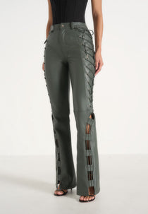 Ambre - Leather Lace Up Flared Pants - Olive